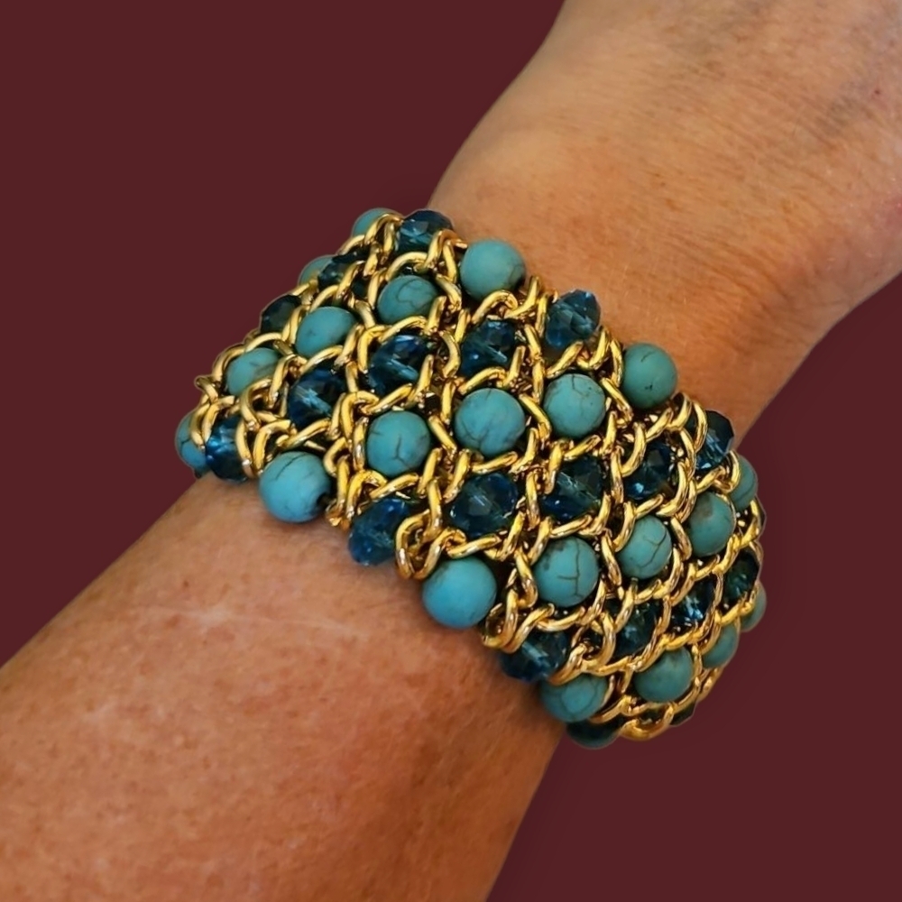 Vintage Heavyweight Aqua Beaded Chainmaille Stretch Bracelet